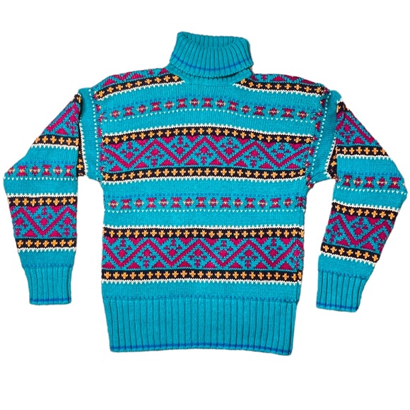 Vintage Y2K Fair Isle Sweater Turtleneck Blue Pink Striped Knit 80s 90s SZ Large - Picture 1 of 14